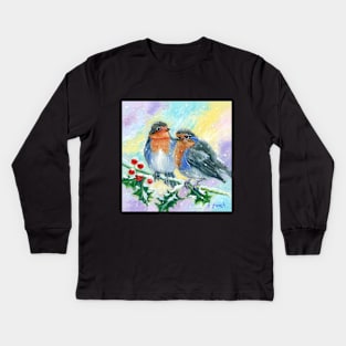 Robins on a holly branch Kids Long Sleeve T-Shirt